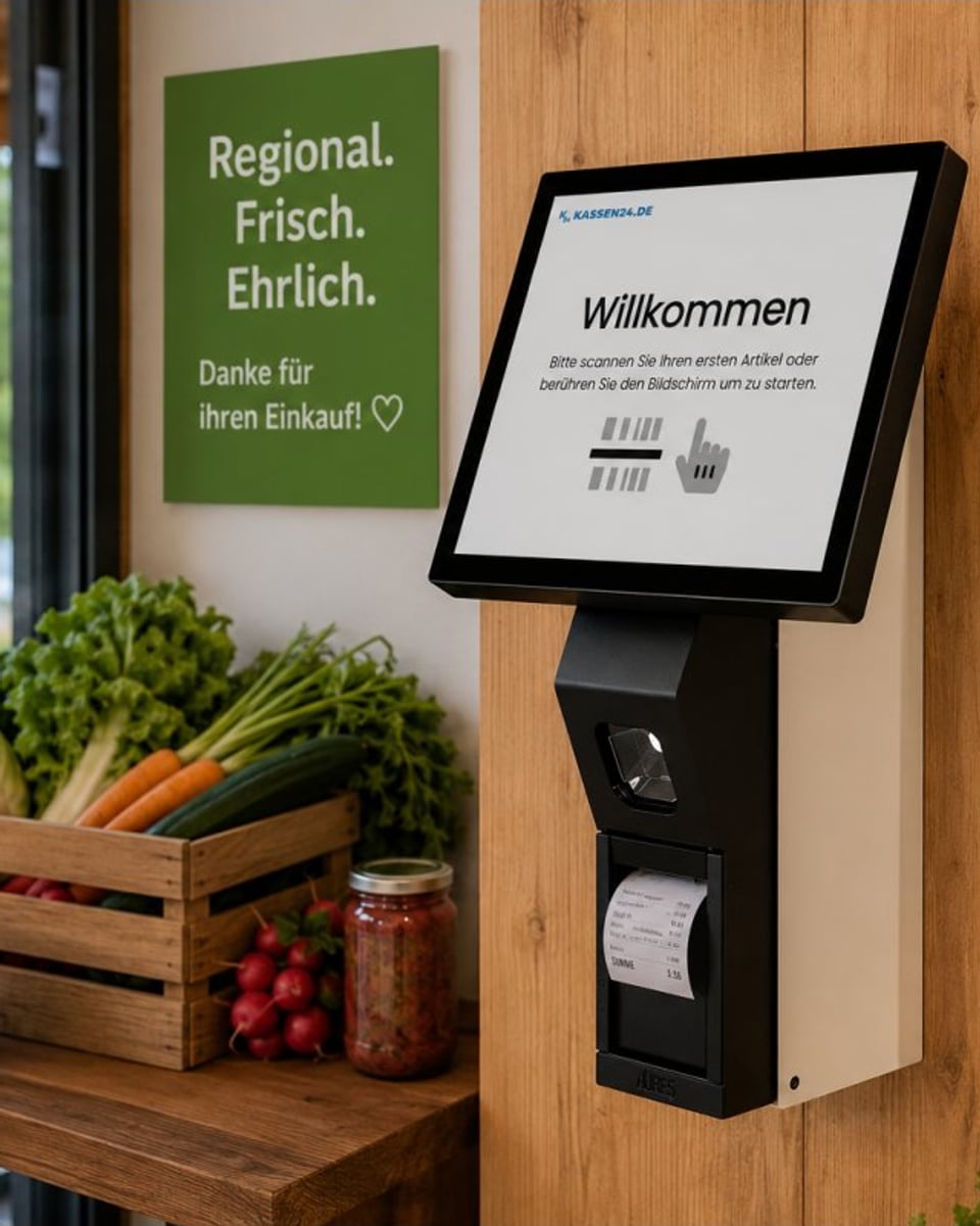 SB-Kasse mit Willkommensbildschirm an der Holzwand eines Hofladens, daneben eine Kiste mit frischem Gemüse