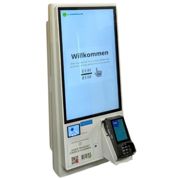SB-Kassen-Bundle von Kassen24: Touchscreen-Kasse mit Willkommensbildschirm, Barcode-Scanner und Kartenterminal