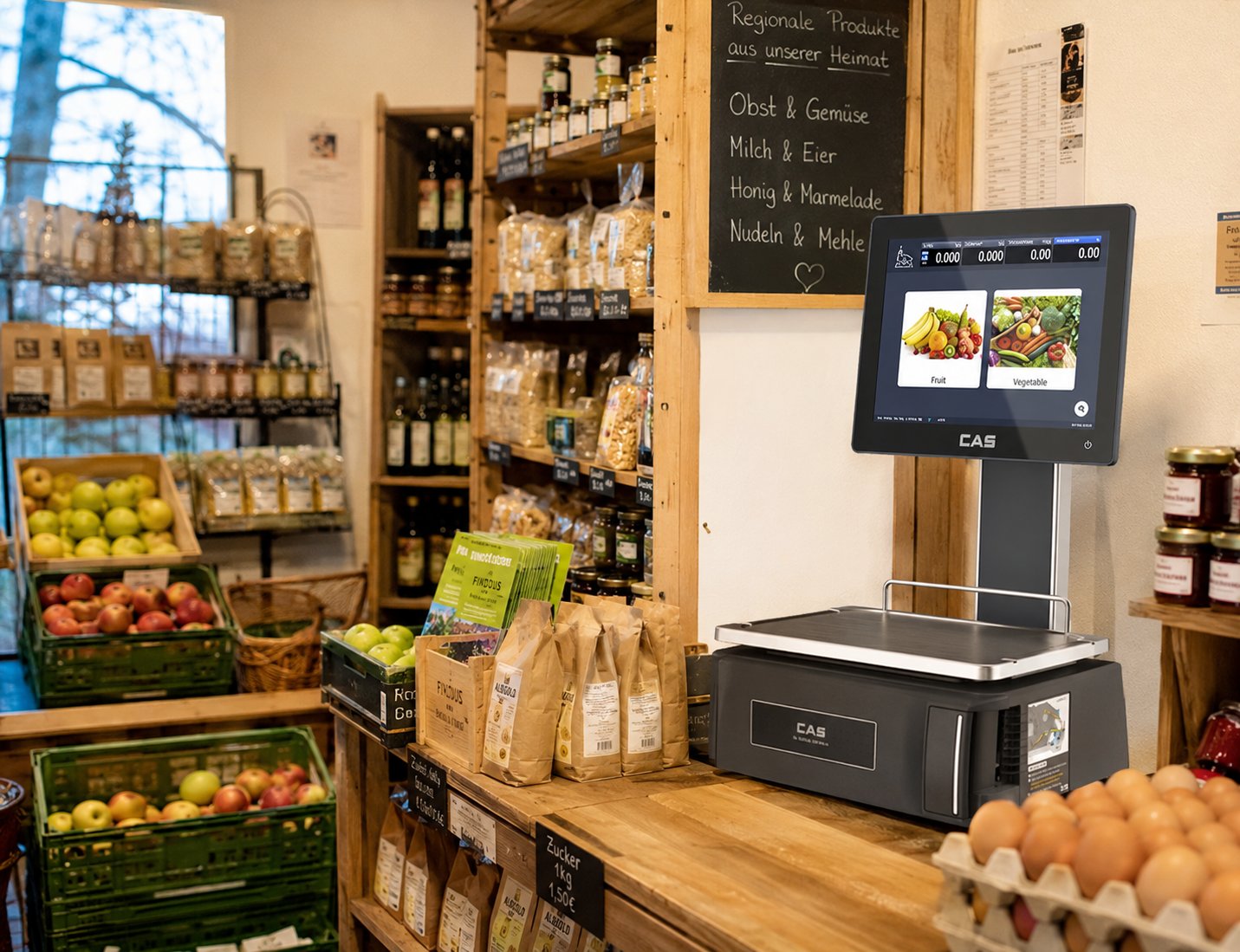 SB-Waage mit Touchscreen auf dem Holztresen eines Hofladens
