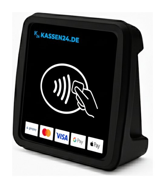 Kassen24-Zutrittsterminal: schwarzes Kartenlesegerät mit Kontaktlos-Symbol, akzeptiert girocard, Mastercard, Visa, Google Pay und Apple Pay